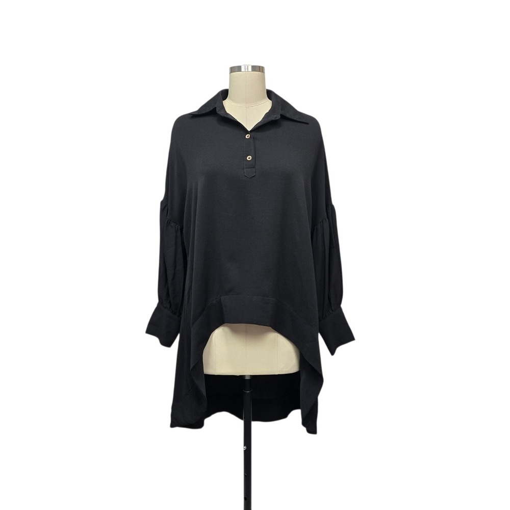 Patrizia Luca Milano Black High Low Puff Sleeve Tunic Top SM Oversized Collared